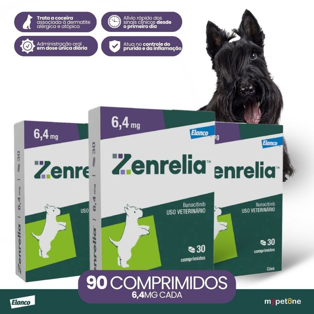 Kit 3 Zenrelia 6,4mg Dermatológico Elanco para Cães - 30 Comprimidos