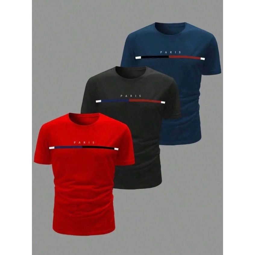 Kit 3 Camisetas Masculina Camisa Casual 100% Algodão Versátil Confortável Estampa Paris