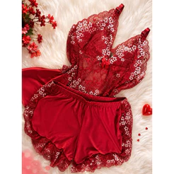 Pijama Baby Doll Bicolor Renda Luxo Blusinha Feminino Sexy Curto Confortável Verão