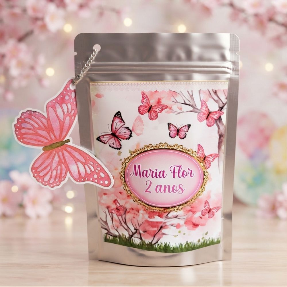Saquinho Metalizado Jardim das Borboletas Rosa Ziploc 10X15 cm Personalizado Lembrancinha Festa Aniversário Infantil