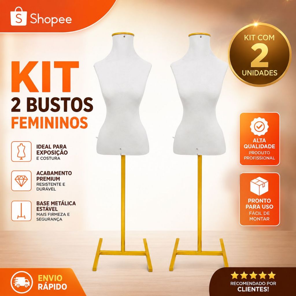 Kit 2 Busto Manequim Costureira Feminino 38/40 Branco Pedestal Dourado Para Costura e Vitrine e modelagem