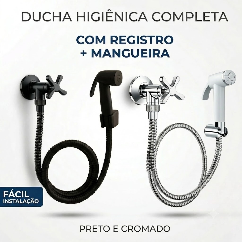 Ducha Higiênica Preta Metal Banheiro Completa com Registro 1/4 Volta Gatilho Metal Mangueira Cromada 2m Moderna