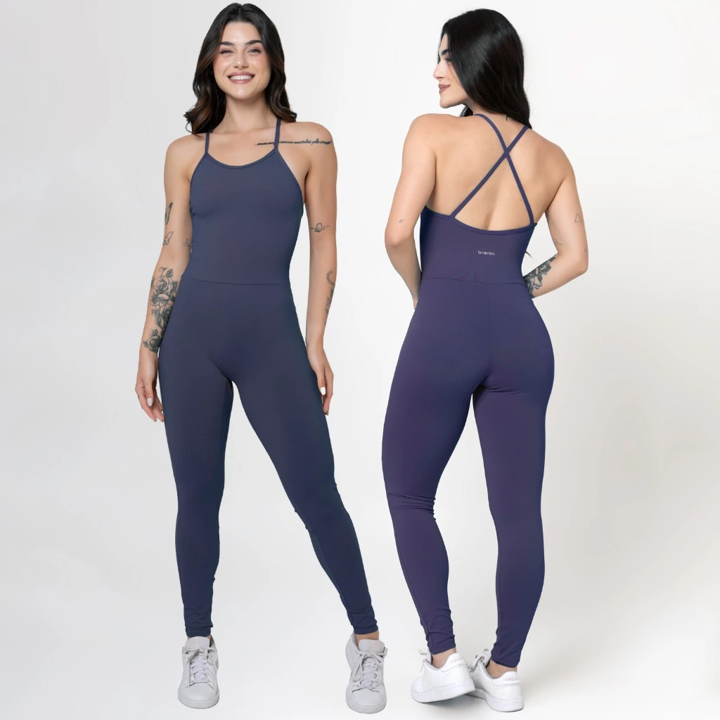 Macacão Longo Feminino Zero Transparência Cruzado Suplex Blackout Roupa Fitness Premium 026 — imagem 1