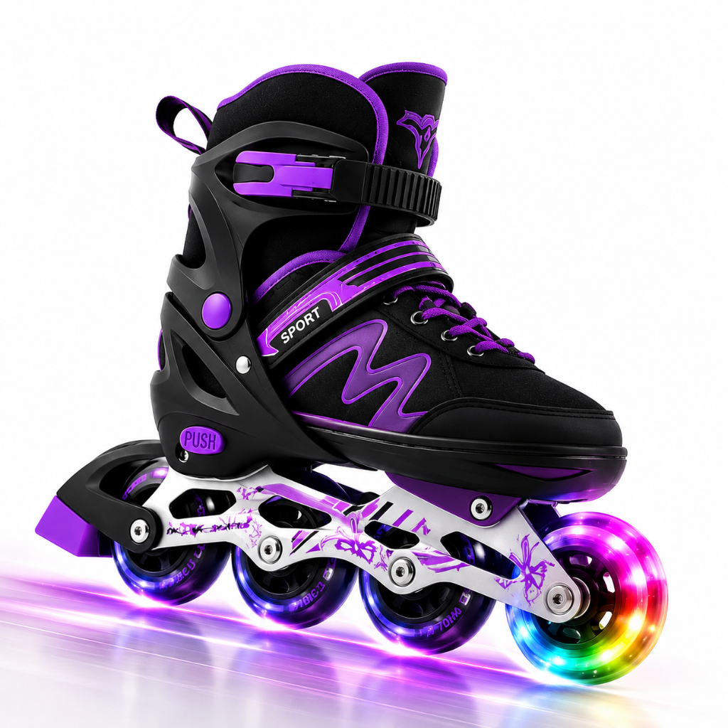 Patins Infantil inline Sport LED nas Roda Dianteira - Preto/Roxo Regulável, Semiprofissional