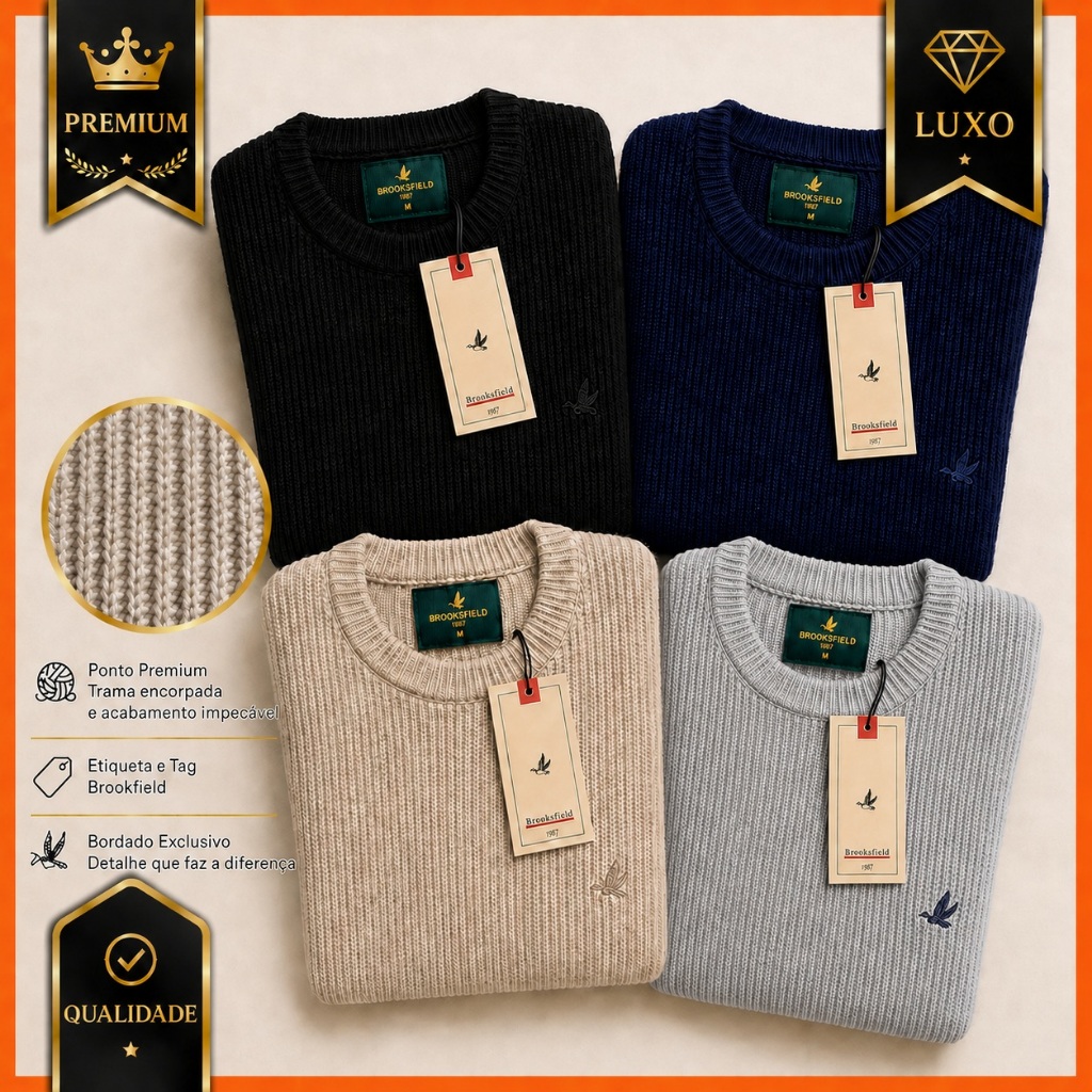 Suéter Masculino Tricot Premium Brooksfield Gola Careca Redonda Inverno Blusa de Frio Luxo Preto Bege Marinho
