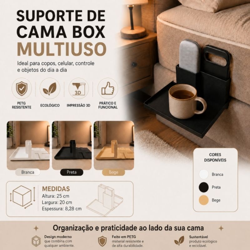 Suporte de Copo para Cama Box - Organizador de Copo, Controle e Celular