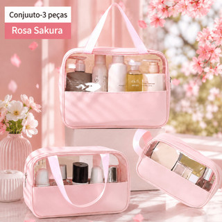 Conjunto de três peças: bolsa de maquiagem transparente e minimalista com costura em patchwork, bolsa de higiene pessoal