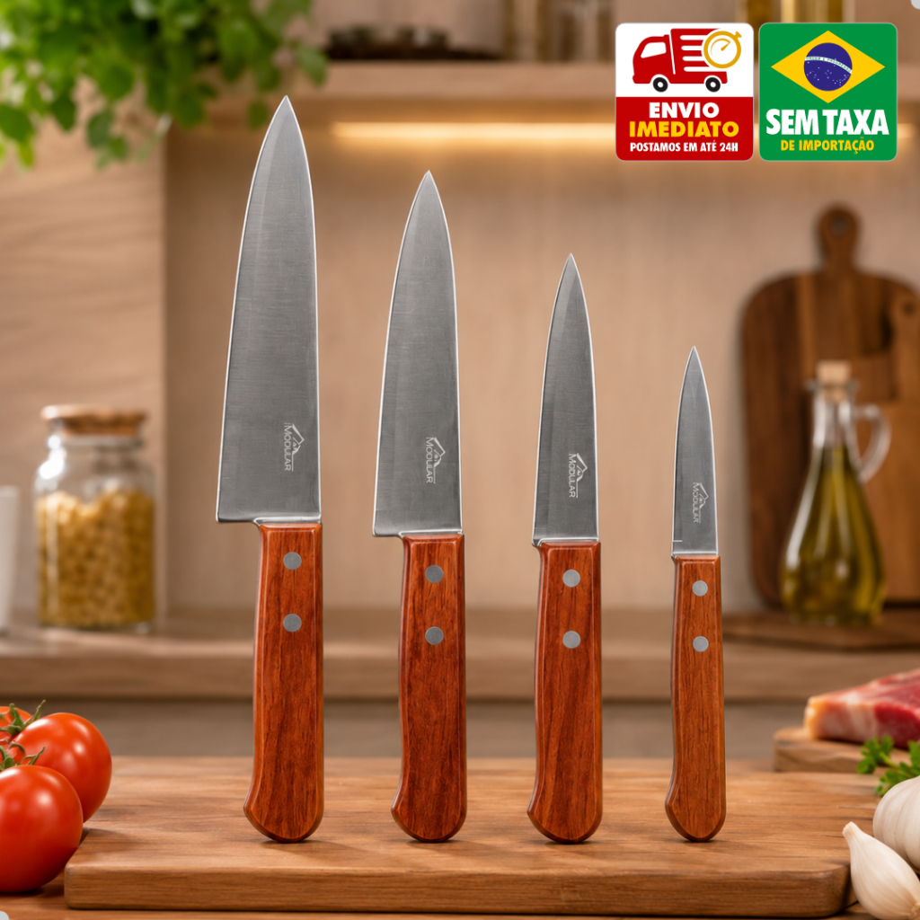 Faca Multiuso Cozinha Aço Inox Cabo Madeira 3 5 6 8 Polegadas Unitária ou Kit Profissional