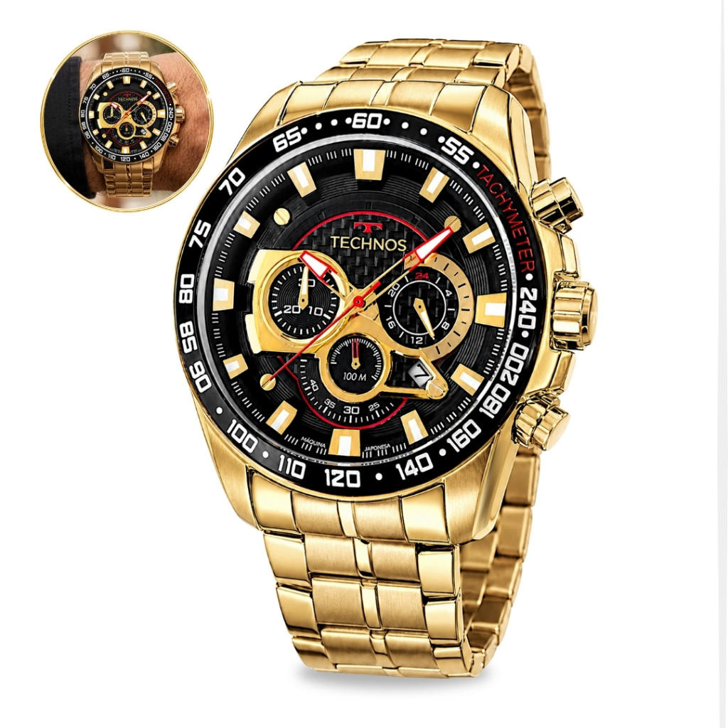 Relógio Technos Masculino Analógico Aço Inoxidável Cronógrafo Calendário A Prova DÁgua 10 ATM Original