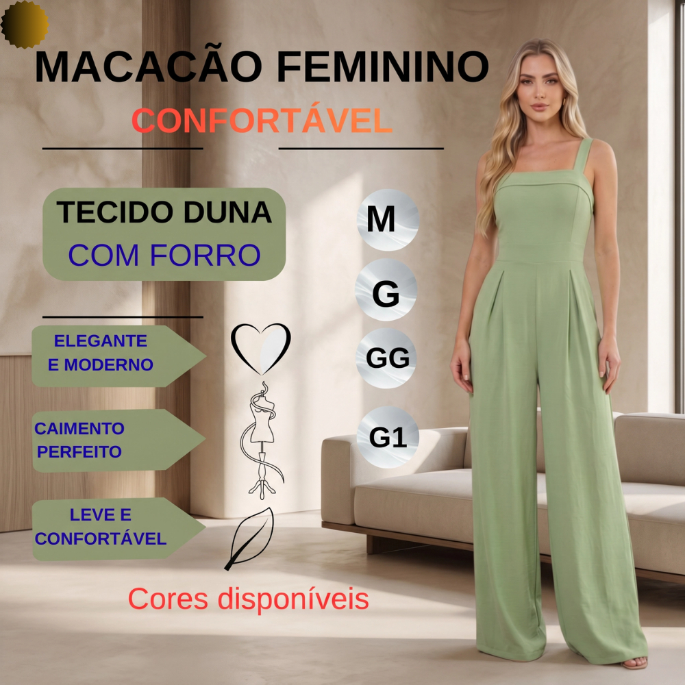 Macacão Feminino Pantalona Longo Tecido Duna com Bojo Alça Grossa Lastex e Bolsos
