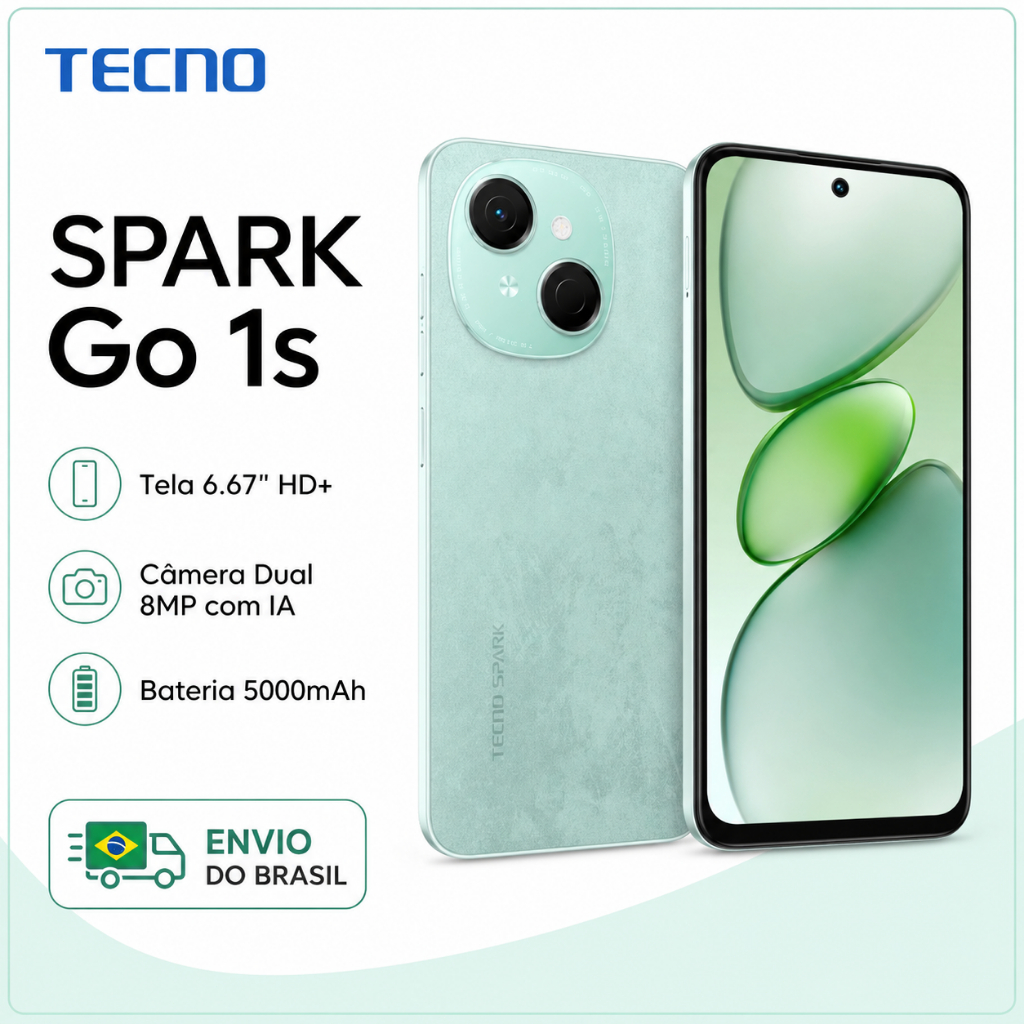 Tecno Spark Go 1S 4G 3GB+64GB Smartphone Bateria 5000mAh Tela Grande Dual SIM Android Celular Desbloqueado