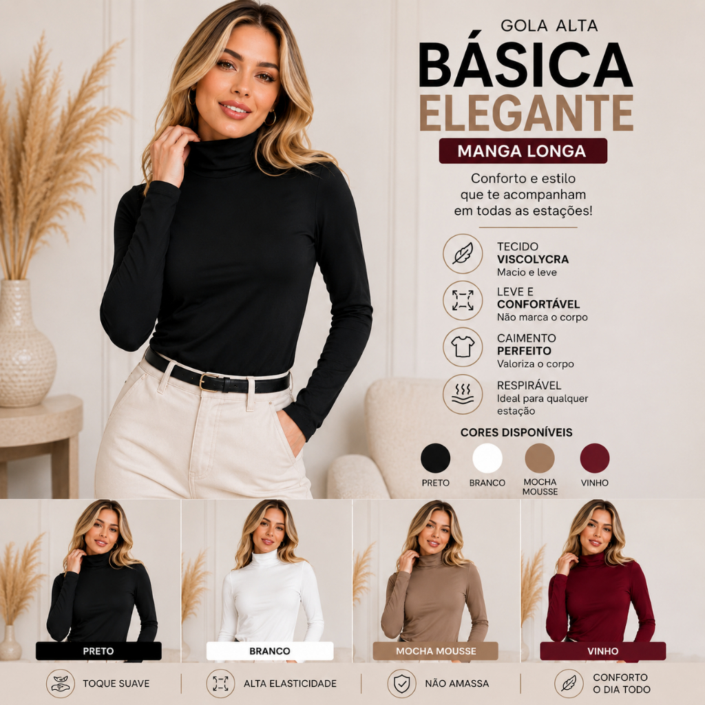 Blusa Gola Alta Feminina Viscolycra Manga Longa Básica Premium