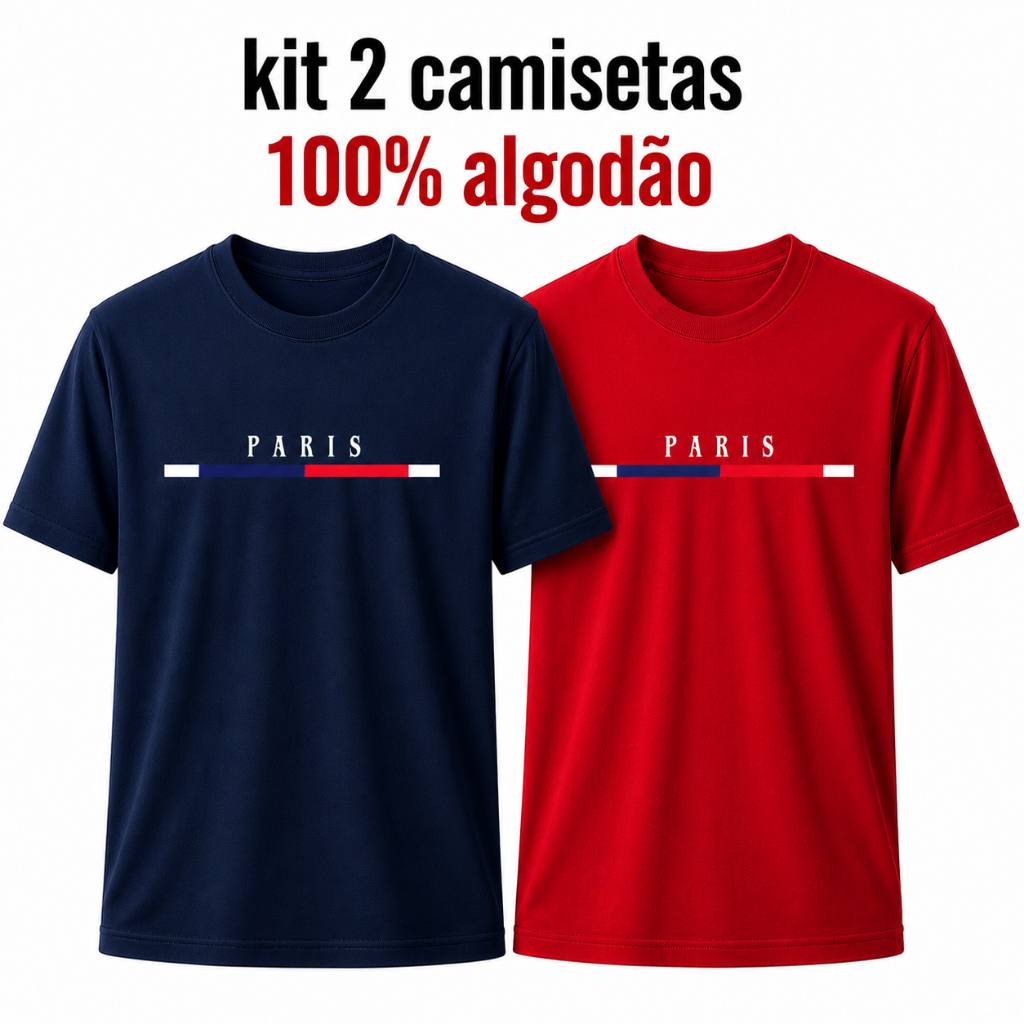 Kit 2 Camisetas Masculina Estilo Casual Paris Algodão Premium Confortável Dia a Dia