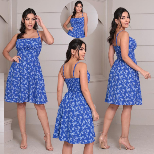 Vestido Feminino Curto Com Bojo Estampado Floral Com Alça Regulável ,Lastex Nas Costas  Elegante