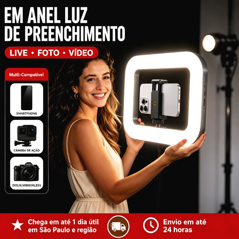 Iluminação Profissional Ring Light LED Portátil para Fotos e Vídeos