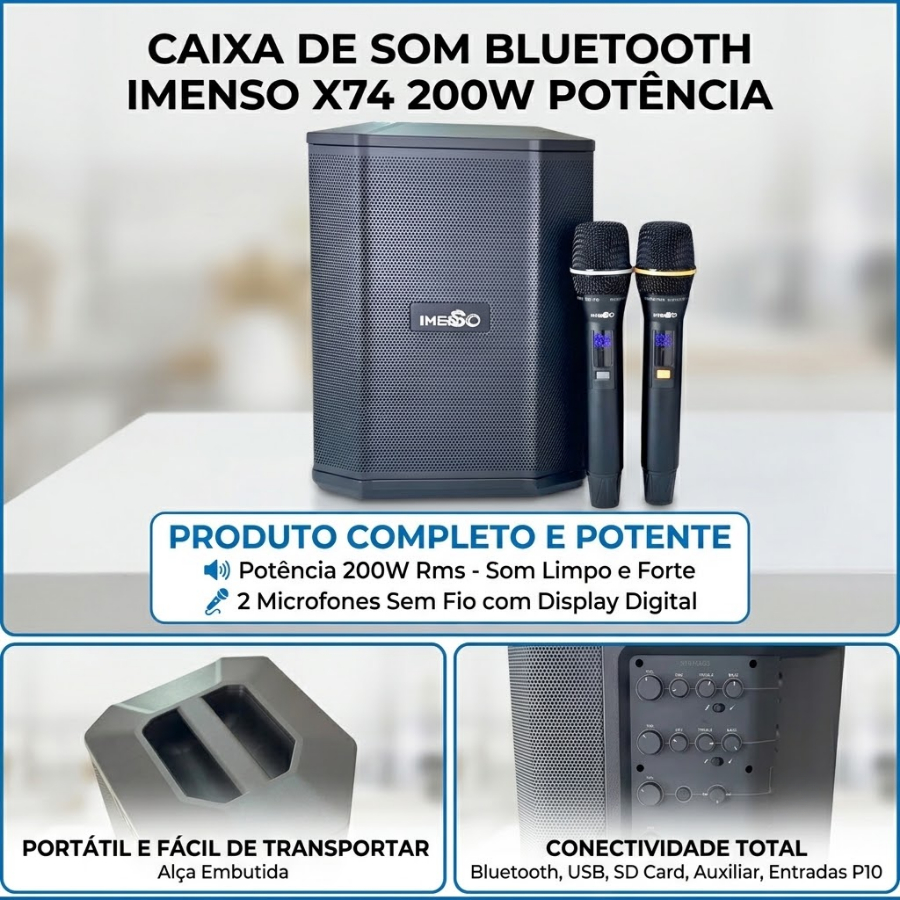 Caixa de Som Bluetooth Imenso X74 200W Potência Portátil 2 Microfones Sem Fio Karaoke Musica Cantar Festa em Familia