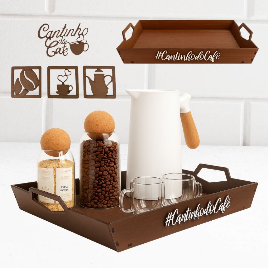 Bandeja Organizadora Cantinho Do Café Elegante Com Alça Para Cafeteira Garrafa Xícara Apoio Compacto