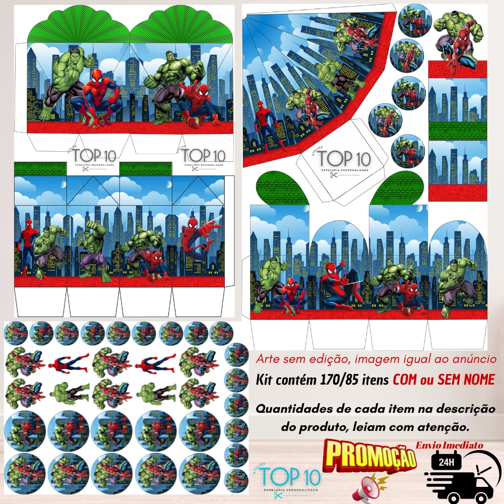 Kit de Lembrancinhas Personalizadas com 170/85 itens TEMA: HULK E HOMEM ARANHA - Envio rápido