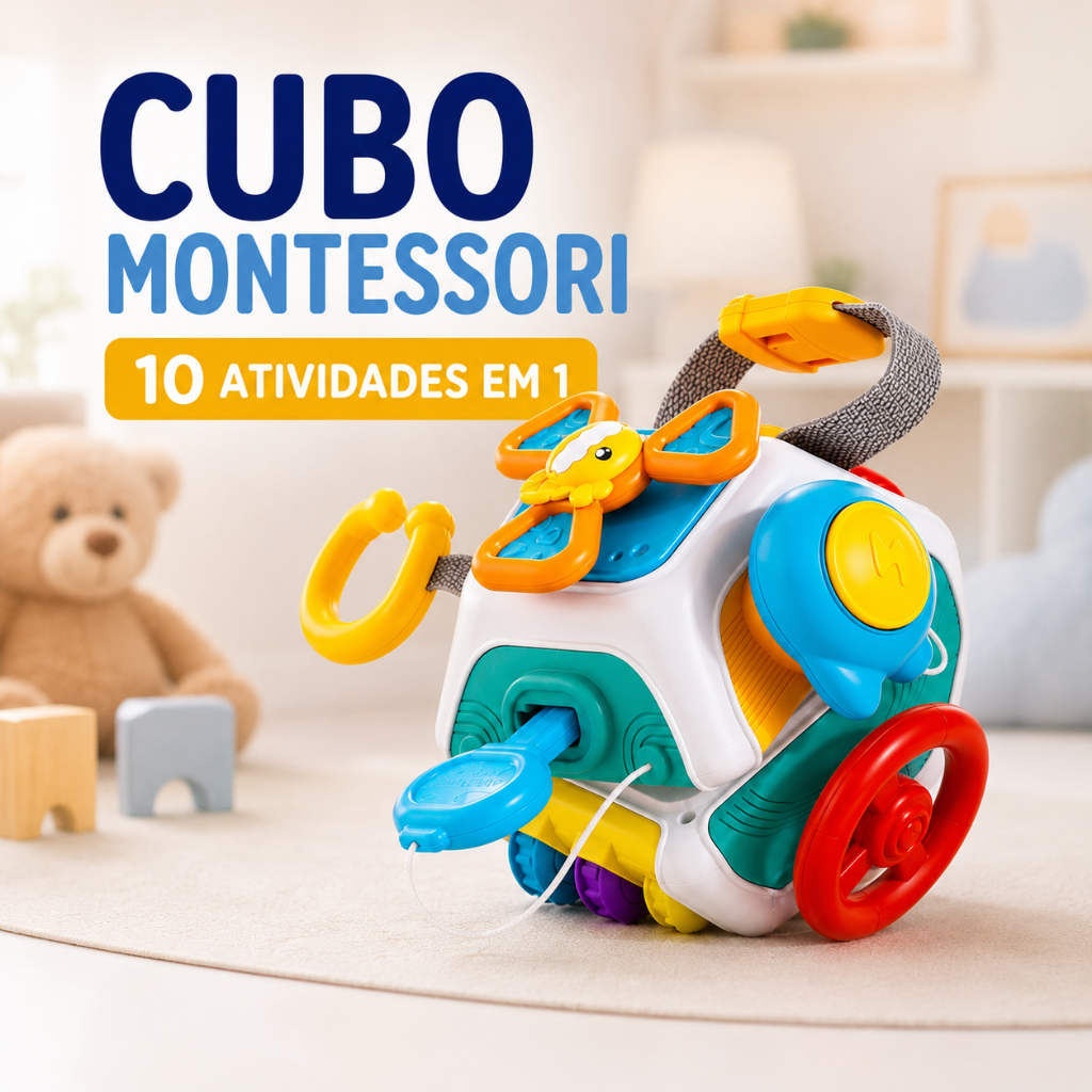 Cubo Montessori Sensorial 10 em 1 Brinquedo Educativo Bebê Atividades Coordenação Motora Interativo