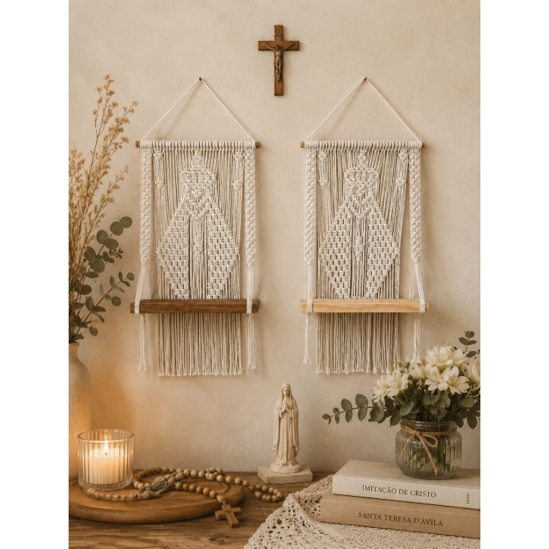 Prateleira Altar Nossa Senhora Aparecida em macramê/Devocional,Religioso,católico
