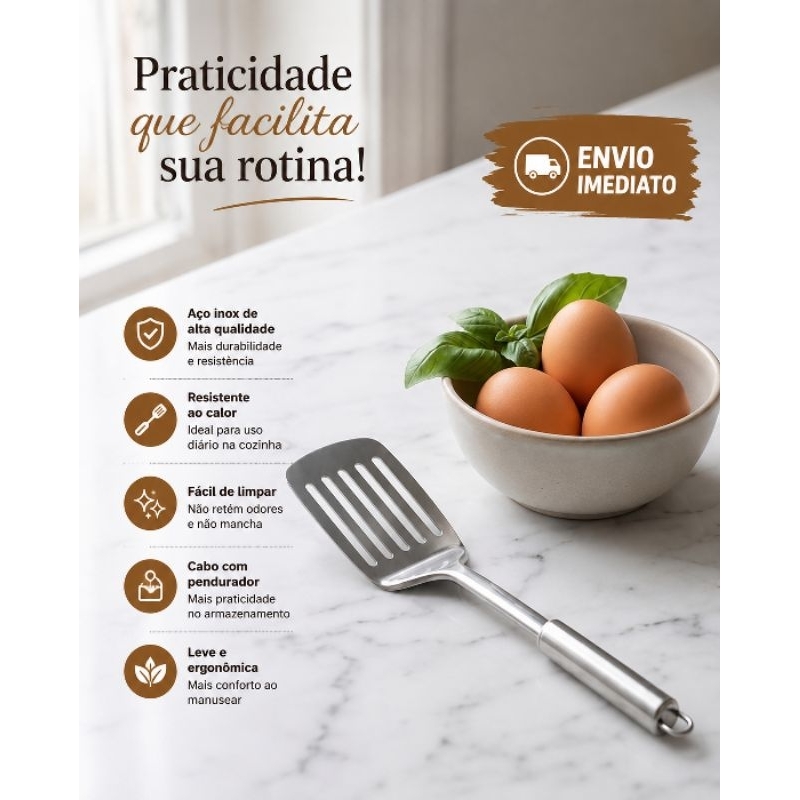 Espátula Espátulas Vazada Oriente  Aço Inoxidavel 35 cm  Utensilio De Cozinha Multiuso Universal