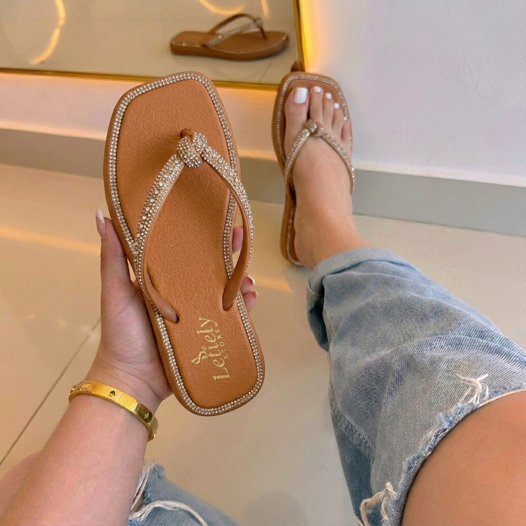 Sandália Rasteira Feminina com Pedrarias Confortável Casual para Dia a Dia