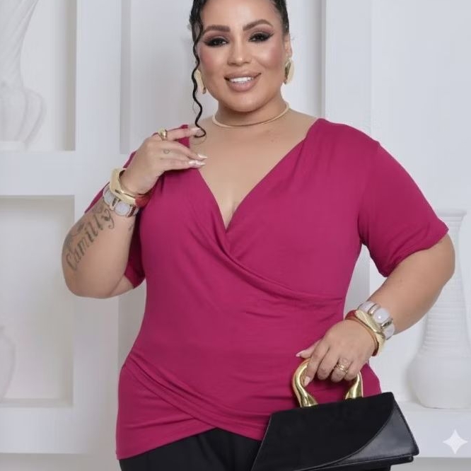 Blusa Feminina Plus Size Manga Curta Transpassada Viscolaycra