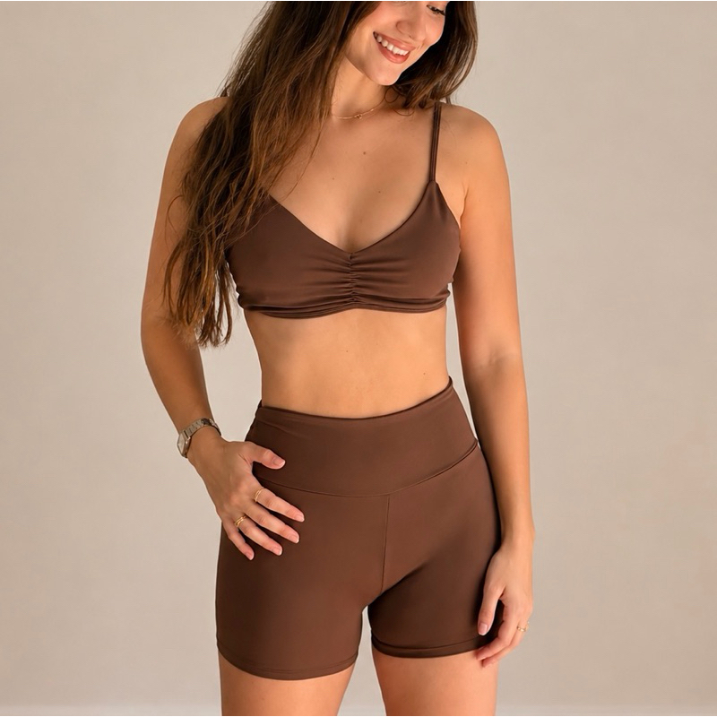 Conjunto fitness academia poliamida top bojo removível + short 0 transparência compressão UV50+ 28