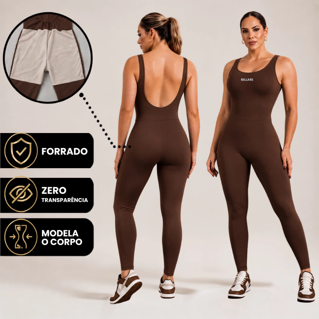 Macacão Fitness Forrado Feminino Longo Roupa de Academia com Costas Abertas Zero Transparência — imagem 1
