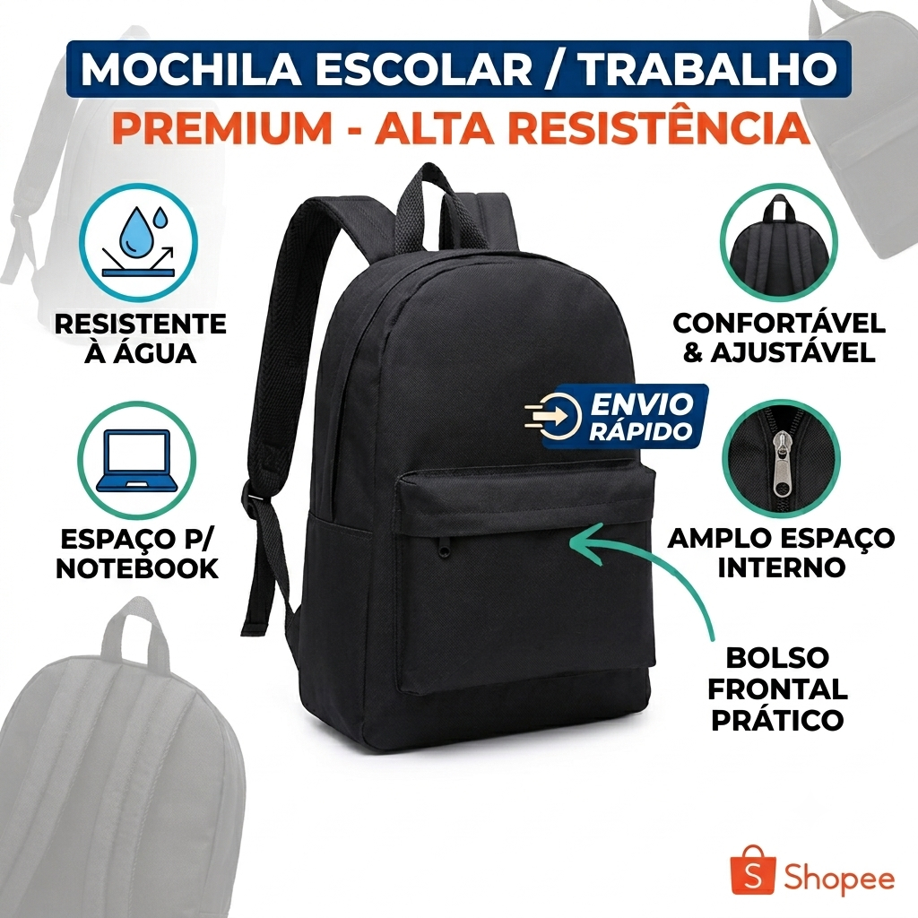 Mochila Escolar unissex Feminina Notebook Impermeável Resistente Trabalho Faculdade Preta