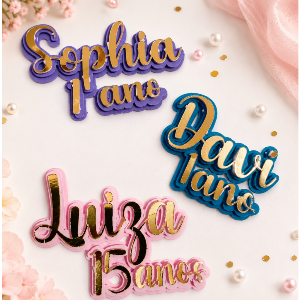 Apliques em camadas Lamicote dourado nome e idade decoração lembrancinhas personalizadas para festas