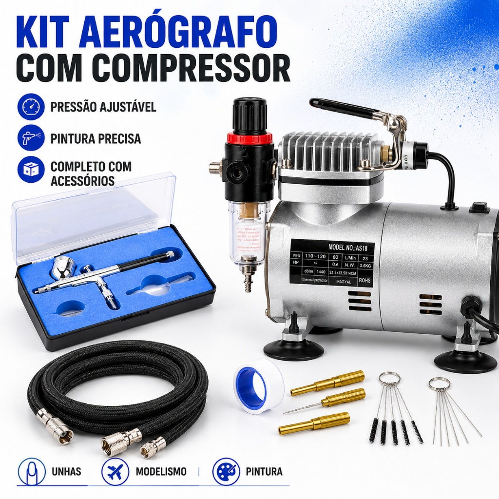 Compressor para Aerógrafo Bivolt - Bomba de Pintura Profissional com Kit de Limpeza Incluso