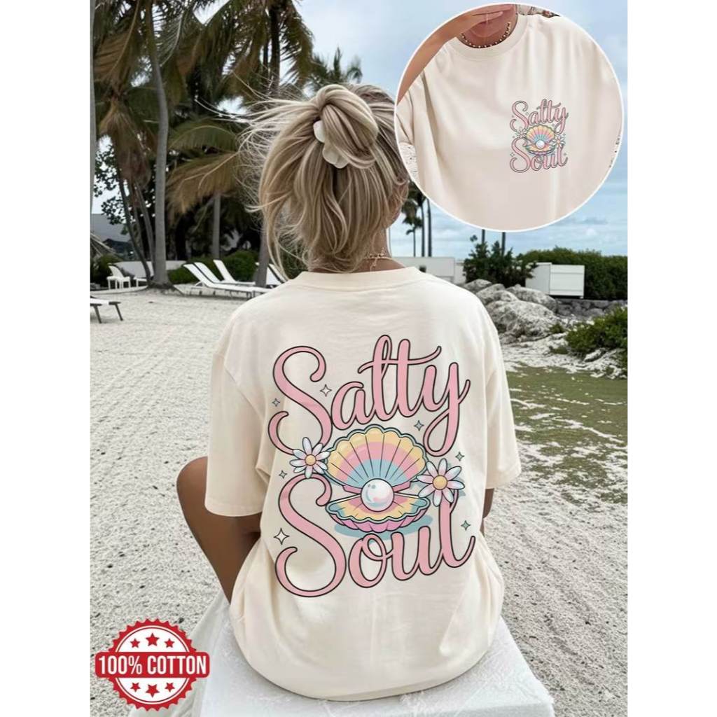 Camiseta Solta Aesthetic Praia Desenho Concha Colorida Estampa Peito e Costas Moda Feminina Diária