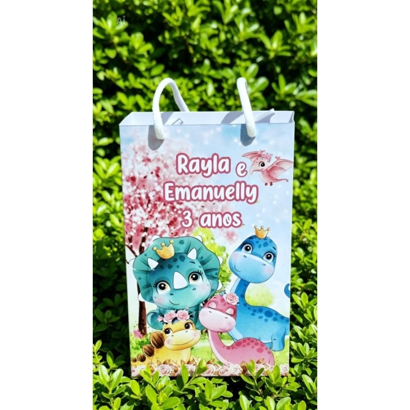 Kit Sacola Dinossauro Baby Menina, Lembrancinha Personalizada Festa de Aniversário(PEGUE E MONTE)