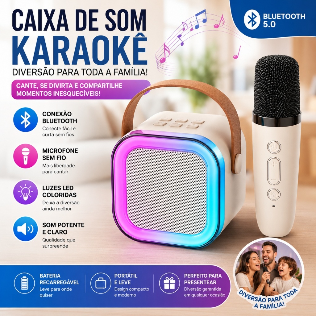 K12 Alto-falante Bluetooth Karaoke com Microfone Luzes LED e Diversão para Toda a Família com 1/2 Microfone Nexora