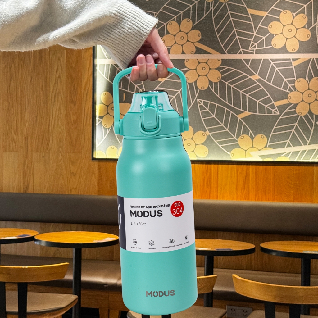Modus Garrafa Térmica Esportiva 1700ml Aço Inox Grande Capacidade Antivazamento Com Alça Para Academia Camping Viagem