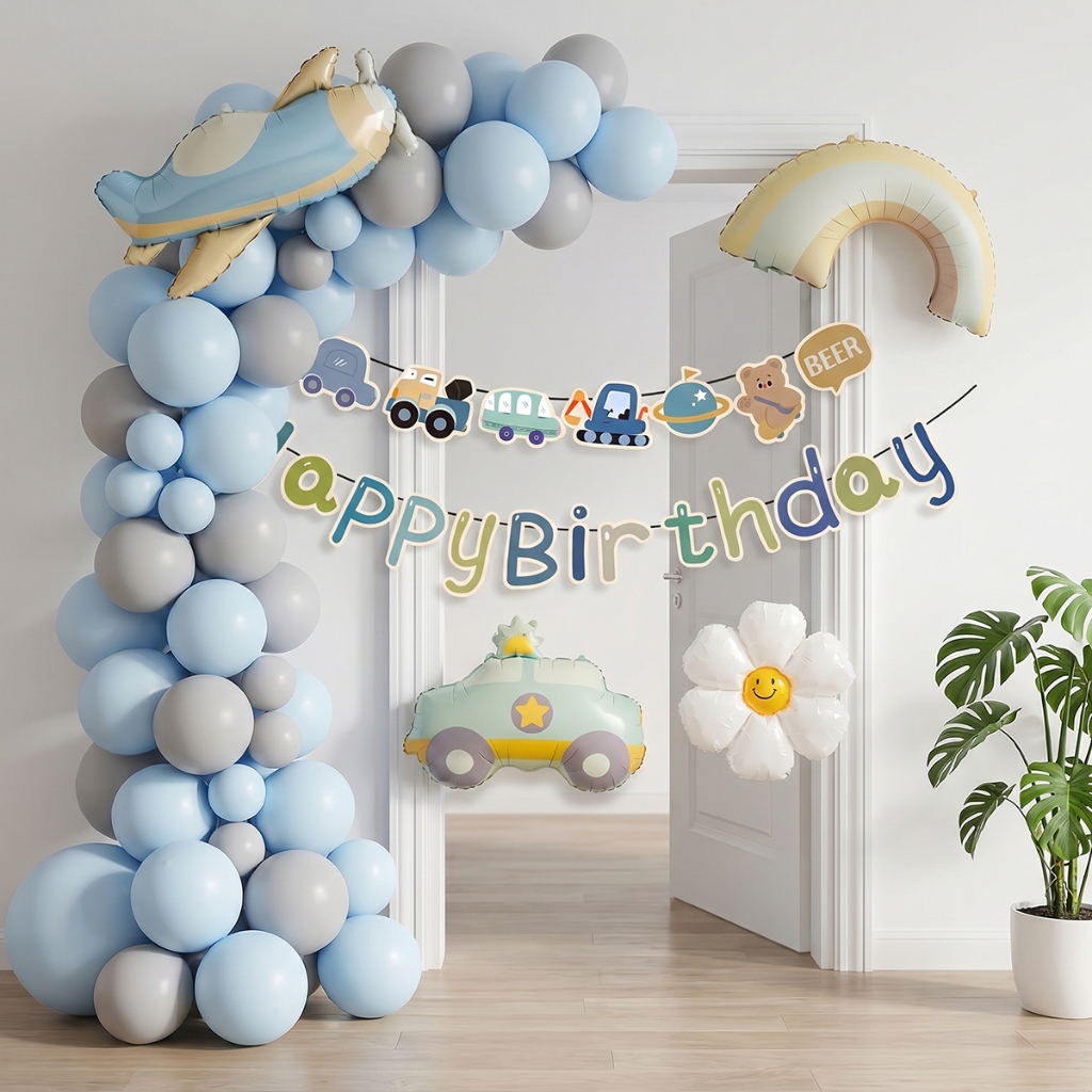 28PCS Kit Arco de Balão Aniversário Bexiga Decoração Festa Menino Tema Avião e Carrinho Faixa Happy Birthday com Veículo