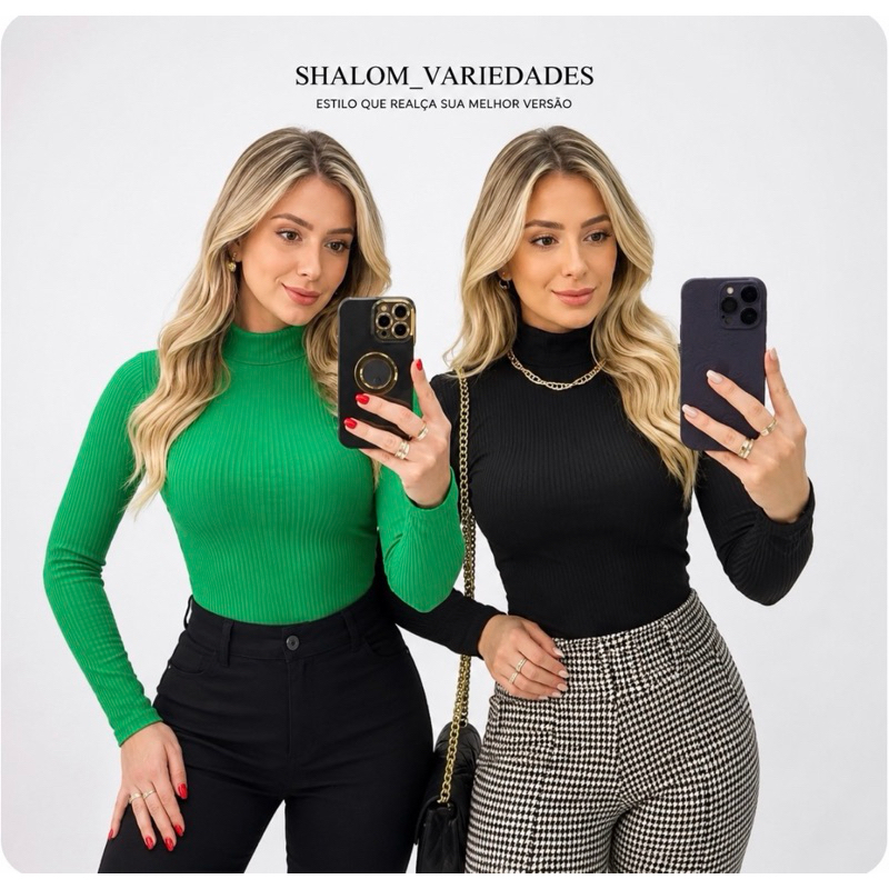 Kit 2 Blusas Malha Canelada Manga Longa Gola Alta Segunda Pele Blusinha Blusa Frio Cacharrel Blusa de Malha Meia Estação