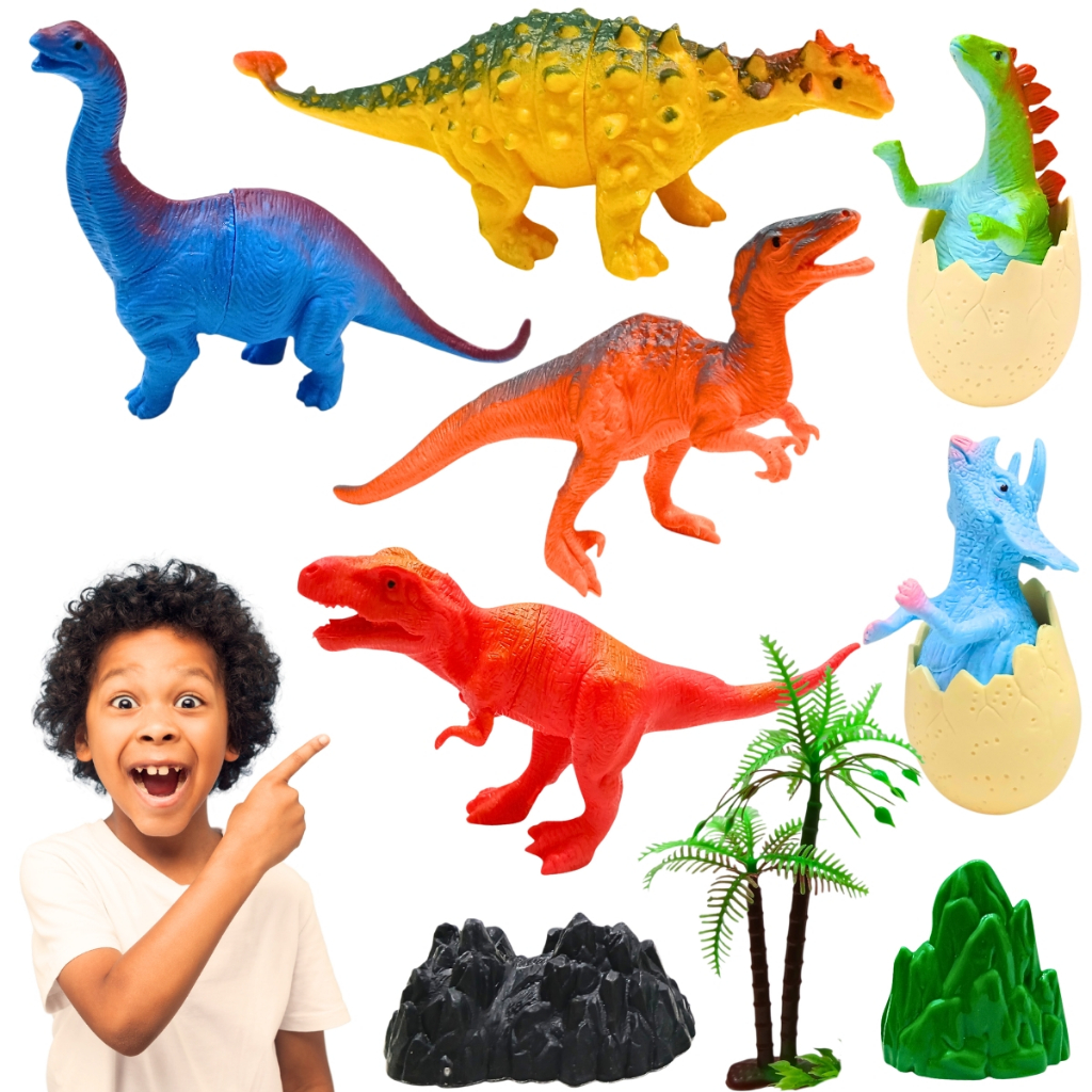 Kit 6 Dinossauros Brinquedo Borracha C/ Ovo de Dinossauro Filhotes Tiranossauro Rex Presente Criança