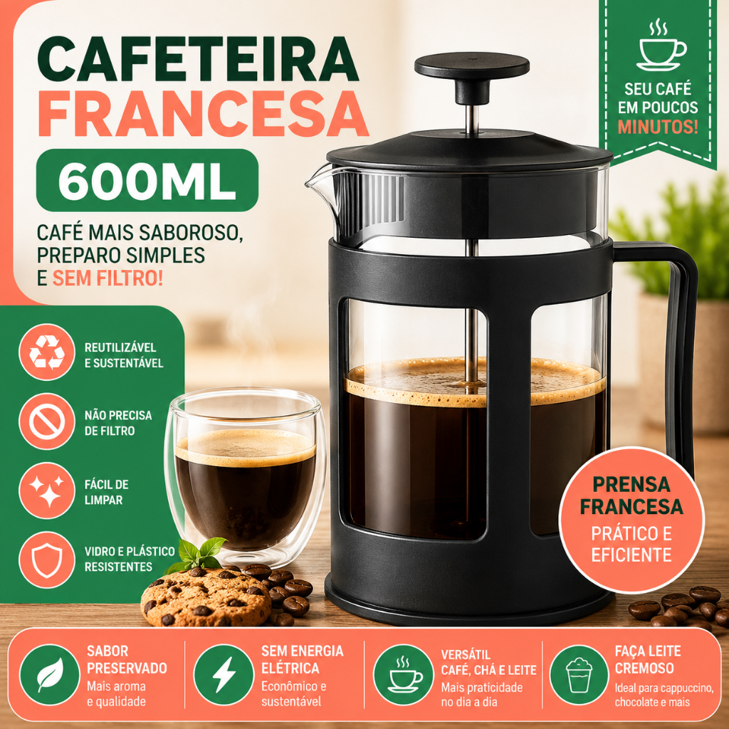 Cafeteira Prensa Francesa 600ml Premium Filtro Inox Reutilizável Chá Café Espumador de Leite