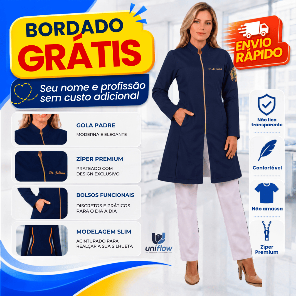 Jaleco Feminino em GABARDINE,  PERSONALIZADO em  PATCH com zíper, Gola Padre e BORDADO GRÁTIS
