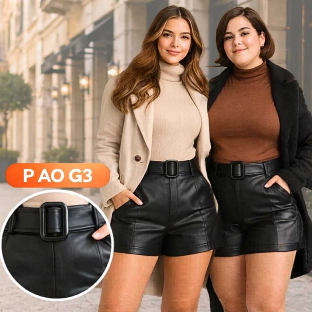 Shorts Couro Fake De Cintura Alta Feminino Cinto Fivela Chique Moda