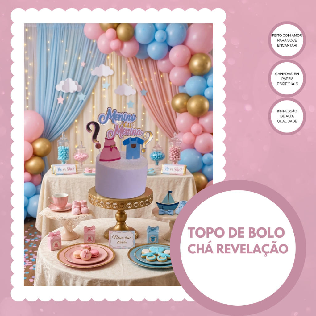 Topo de Bolo Chá Revelação / Decoração de Bolo Chá Revelação / Topper Chá Revelação Personalizado