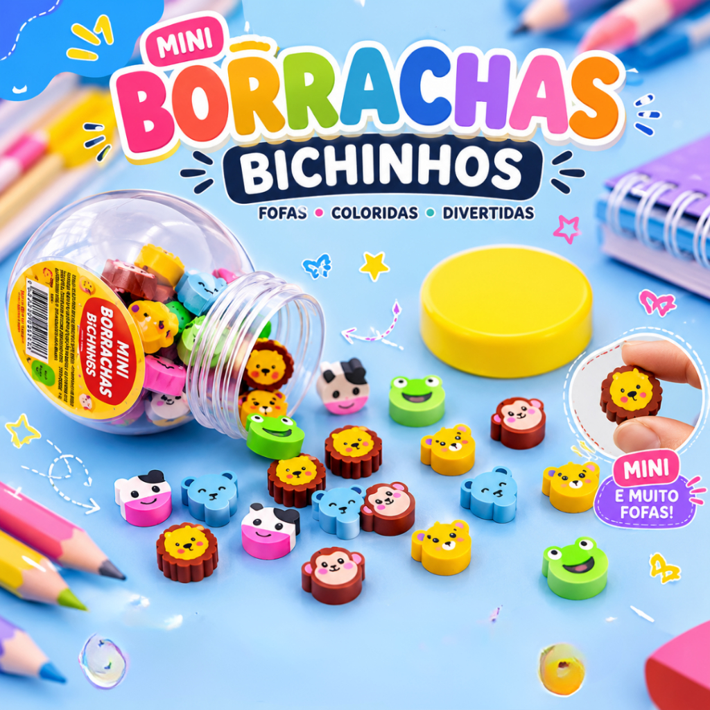 Mini Borracha Pote 36 Unidades Bichinhos Kawaii Escolar Infantil Criativa Papelaria Menino Menina
