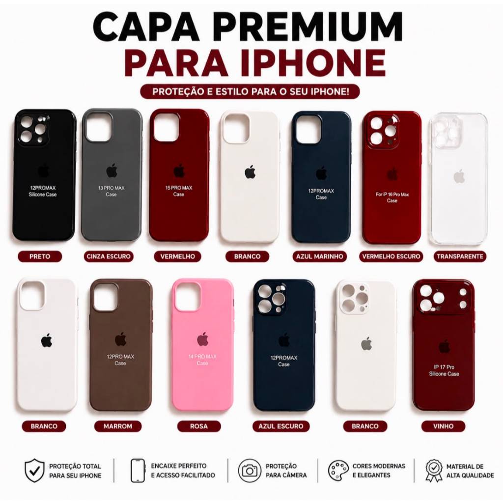 Capa Premium para iPhone 12 Pro Max/13 Pro Max/14 Pro Max/15 Pro Max/16 Pro Max/17/17 Pro/17 Pro Max– Silicone A