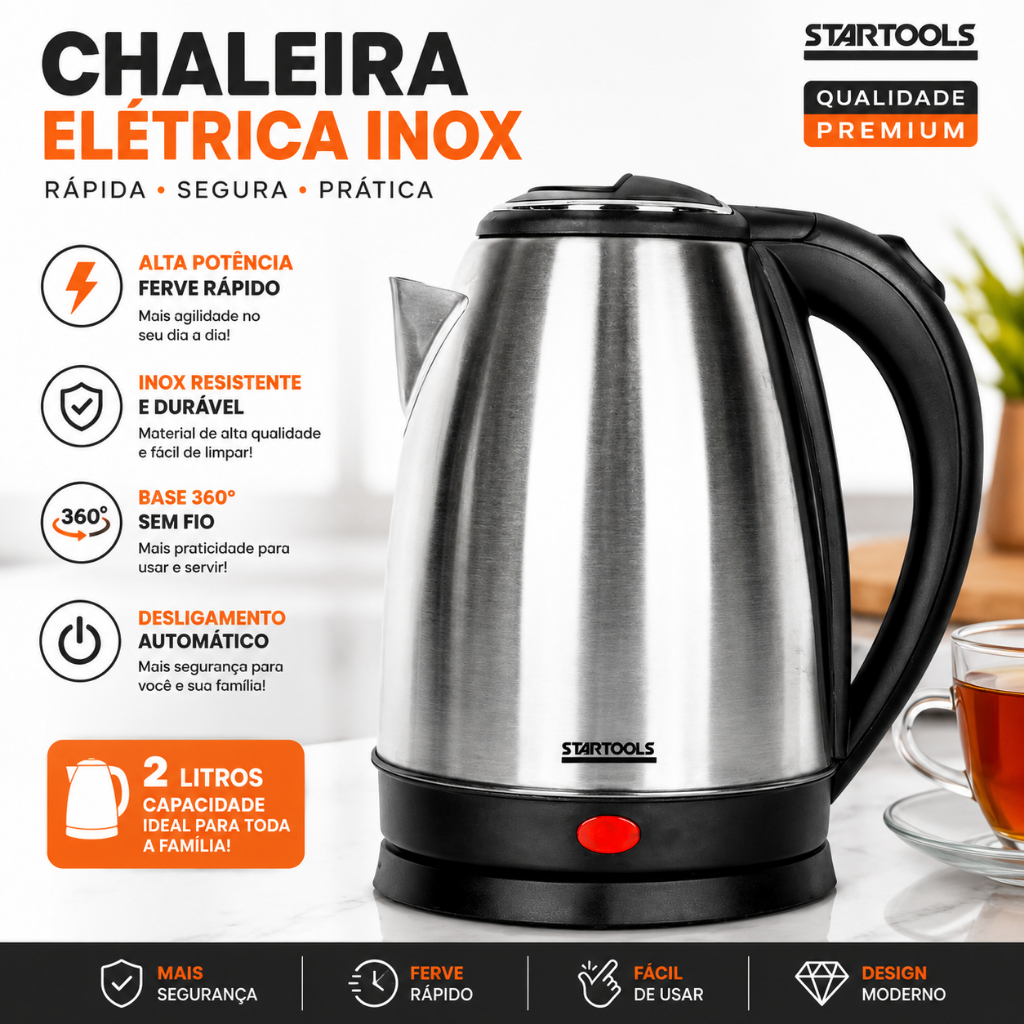Chaleira Elétrica Inox 1,8L Fervura Rápida Base 360° Desligamento Automático Café Chá Chimarrão