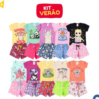Kit 6 Peças Roupa Infantil Menina Conjunto Verão Algodão 3 Camisetas + 3 Shorts