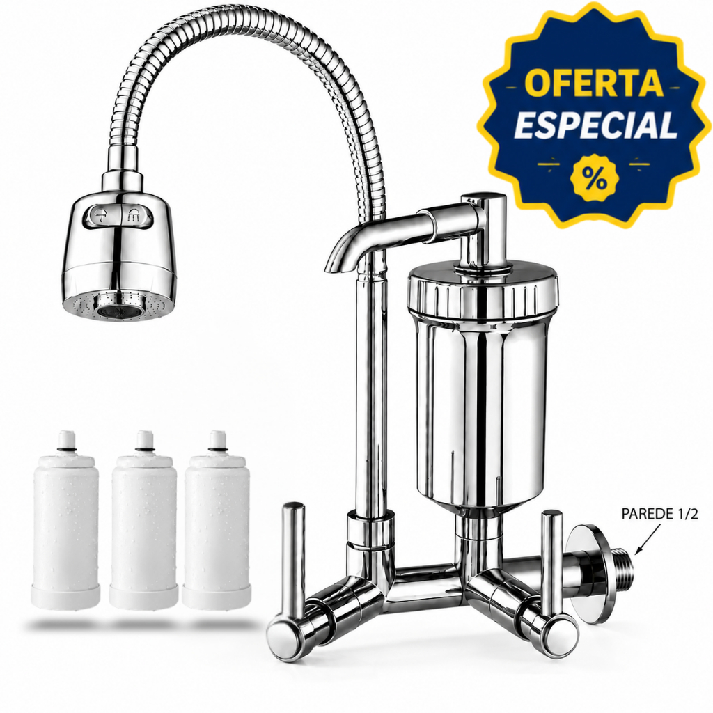 Torneira Cozinha Com Filtro Gourmet Bica Purificador de Agua Luxo Flexível Parede Bica Móvel 360° 2 Jatos Cromada ABS