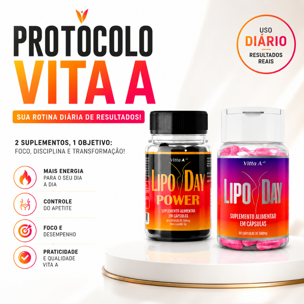 Kit 2 Potes Suplemento em Cápsulas 500mg com Cafeína e Cromo Rotina Diária Lipo Day Power e Caps Vitta A