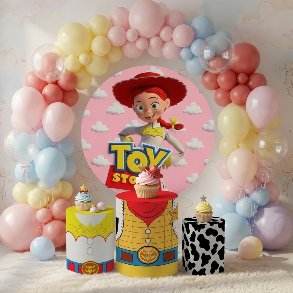 Capa Decorativa Painel Redondo + Trio Cilindro T,0y St0ry Jesie Festa Infantil Luxo Decoração Oferta